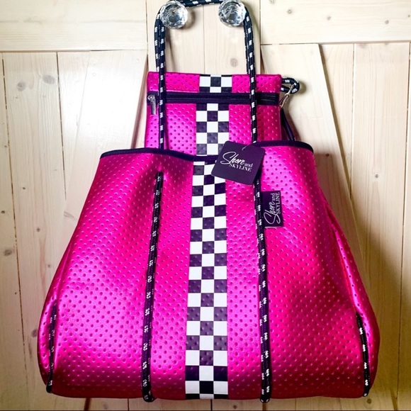 Neoprene Racer Tote Bag Prix Hot Pink or Titanium Disco racing checks waterproof - Picture 15 of 16
